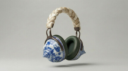 Surreal illustration of high-end headphones featuring blue and white porcelain seashell earcups and a braided fiber headband.