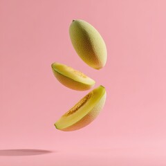 Three oblong melons, one whole and two slices, levitating against a pink backdrop