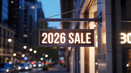 Obraz premium 2026 sale sign glowing on city street at night 