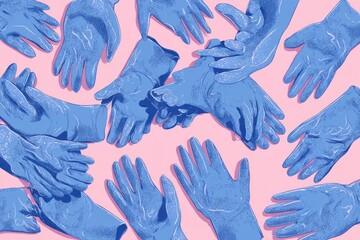 Scattered illustration of blue medical gloves against a pink background, textured