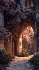 Naklejka premium A medieval castle courtyard grand floral archway ivy-covered stone walls dreamy garden, soft pink golden hues, subtle fantasy elements, elegant whimsical, romantic blurred stone path 