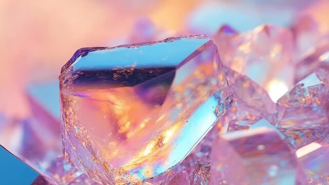 Beautiful cluster of multifaceted crystals with glowing iridescent surfaces showing vibrant pink, blue, and orange colors