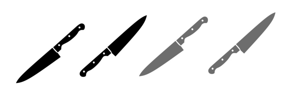 Vector illustration of knife icon set. Set of four minimalist kitchen chef knife icons in black and grey silhouettes, isolated on a clean white background