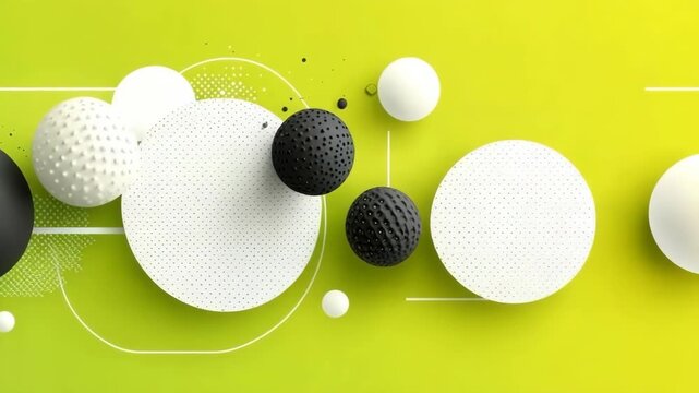 Abstract composition of white and black spheres and flat circles featuring textured and smooth surfaces on a vibrant green background