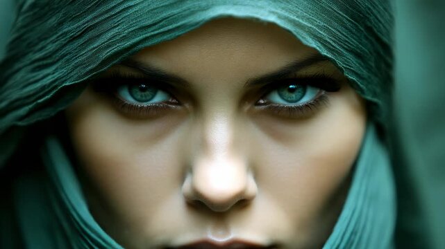 A person\'s piercing blue green eyes gaze intensely forward from behind a draped textured teal fabric covering