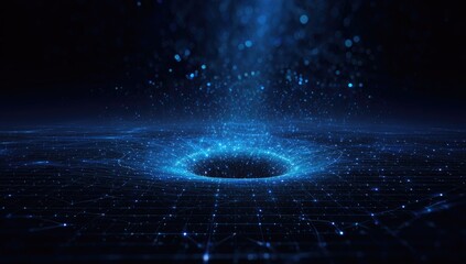 Blue digital hole pulls light on grid, tech abstraction