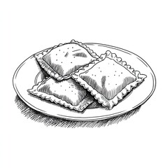 Three ravioli on a plate, hand-drawn illustration