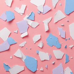 Pastel colored paper fragments scattered randomly across a vibrant pink background