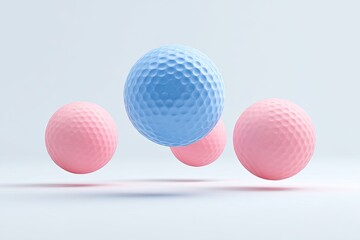 Four textured spheres, three pink and one blue, float against a soft, neutral background