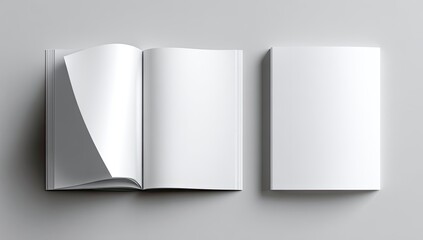 Open book with blank pages next to closed book on gray background