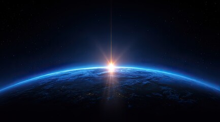 Obraz premium Sunrise over Earth showing blue atmosphere, stars, and cosmic light