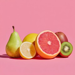 A colorful array of cut & whole fruits on a pink backdrop, with distinct textures