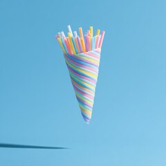 Striped cone of colorful straws floats mid-air against a blue background