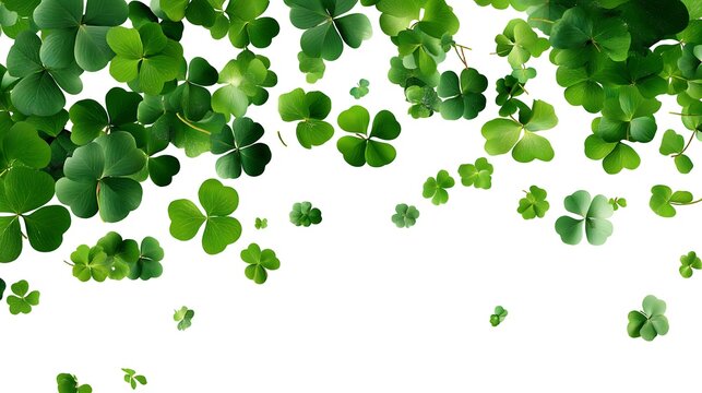  Falling shamrocks, flying green clovers leaves isolated on white panoramic background. St Patrick's day celebration