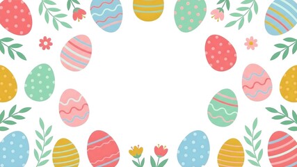 Delightful assortment of vibrantly colored, hand-drawn Easter eggs framed with delicate spring greenery and small floral accents creating a festive border design.