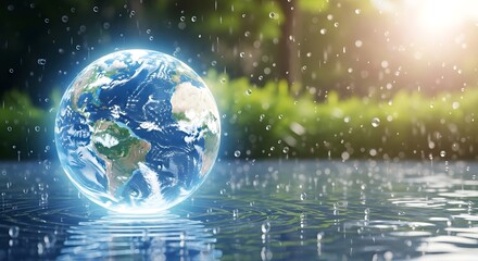 Naklejka premium Glowing earth reflected in rainy pond with lush greenery