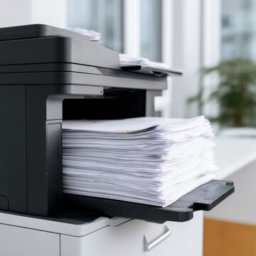 Modern office printer output with large stack of white paper in bright workspace
