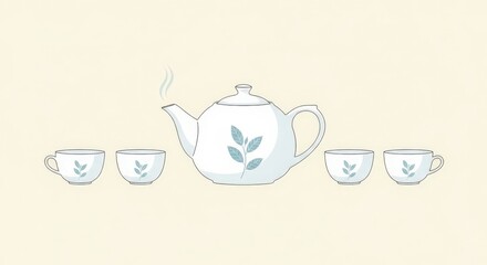 Fototapeta premium A white teapot with a delicate blue leaf design, steaming gently, surrounded by four matching teacups on a light cream background.