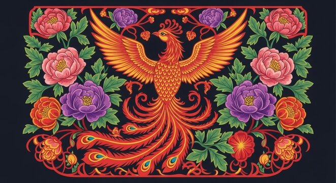 Vibrant stylized phoenix with outstretched wings surrounded by an ornate floral border featuring colorful peonies and intricate swirling patterns on a dark background.