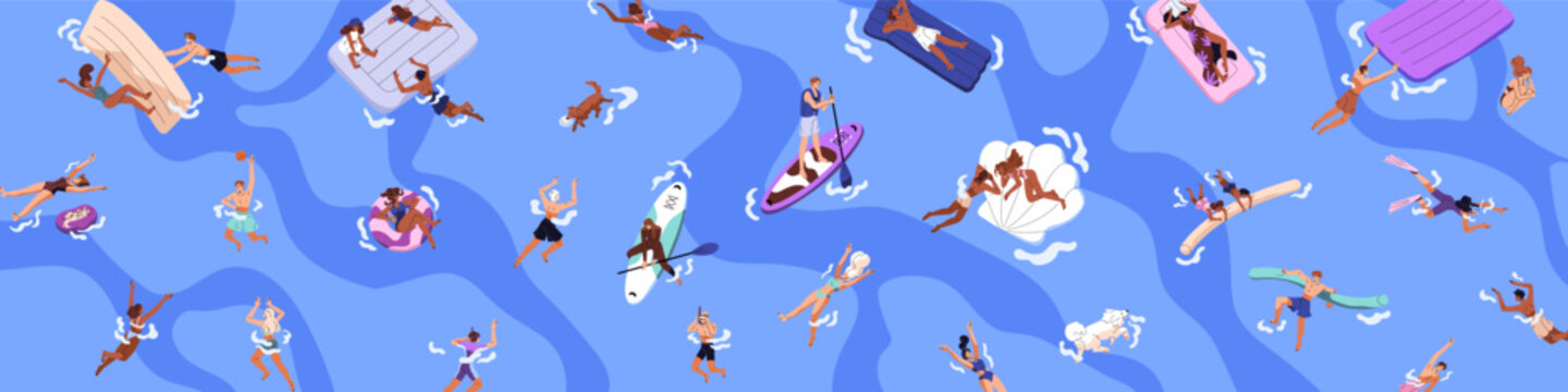 Banner with people swimming in water on summer holidays top view. Tourists are sup boarding, floating on pool rafts and inflatable circles, playing and sunbathing on sea. Flat vector illustration