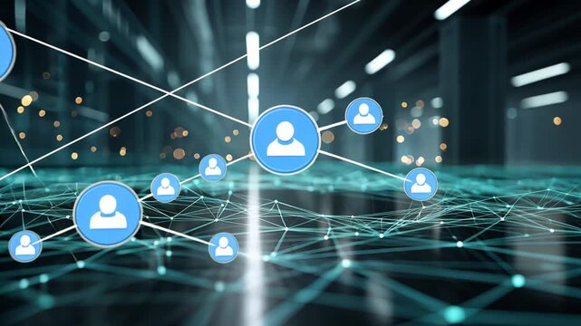 Futuristic network visualization with a central user icon in a dark, illuminated server room environment
