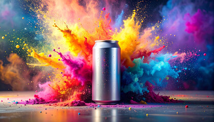 can colorful powder splash beverage drink blue background vibrant dynamic energy abstract. yellow can with colorful powder explosion 567