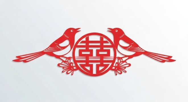 Traditional Chinese red paper-cut art featuring two magpies flanking a double happiness symbol, often used for wedding decorations.