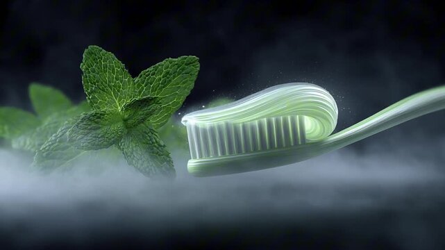 toothbrush with green mint toothpaste on dark grey background, dental care concept. Media.The bristles of the toothbrush with fresh toothpaste. Mint leaves
