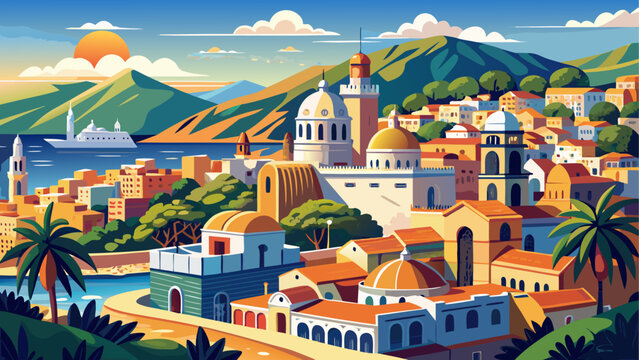 Very beautiful panoramic view of Oran city with the iconic Santa Cruz Chapel in the foreground, showcasing Mediterranean architecture, coastal hills, and Algeria&rsquo;s vibrant urban landscape.
