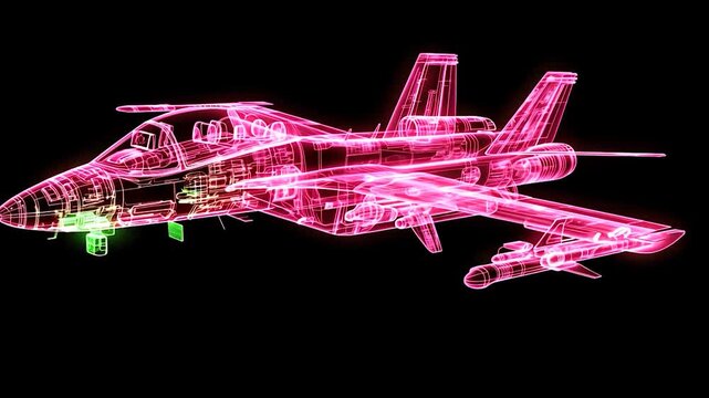 Pink glowing wireframe of a jet aircraft