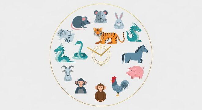 A clock face featuring various Chinese zodiac animals arranged in a circular pattern on a white background.