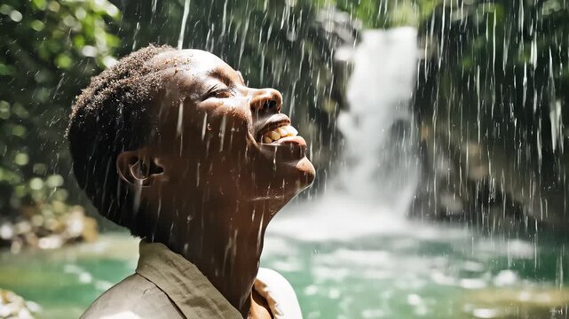 Woman Enjoys Waterfall Shower and Looks Up to Sky for Fresh Feel