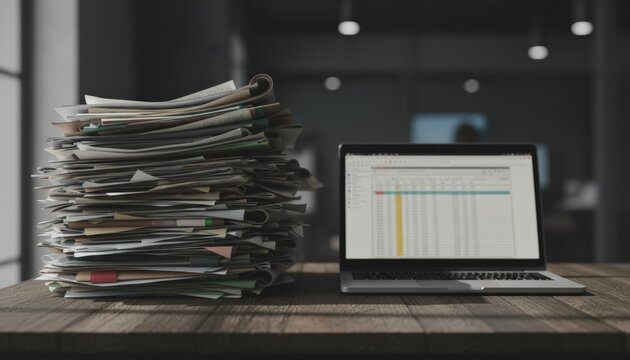 Large stack of paper documents beside a laptop computer on a wooden office desk with copy space for digitalization concept.