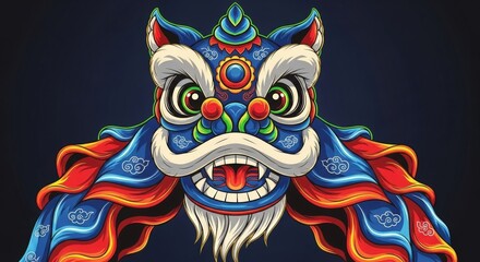Naklejka premium A vibrant and intricately detailed illustration of a traditional Chinese lion dance costume head and body, featuring bold colors and ornate patterns.