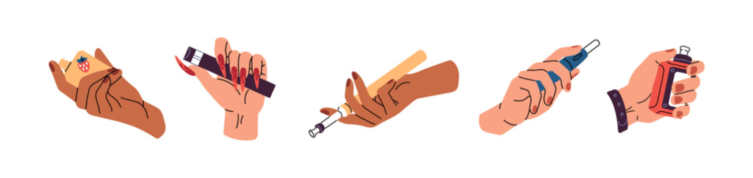 Human hand with vape pods, pens and electronic cigarettes set. People holding ecigarettes and smoking modern e cigs with heated systems. Flat isolated vector illustrations on white background