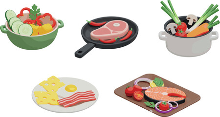 Fresh food and healthy cooking set with salad bowl raw meat steak salmon fillet and vegetables for recipe and menu design vector