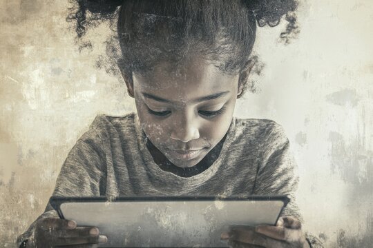 A small child with dark curly hair is intently engaged, looking down at the display of a modern digital tablet device.