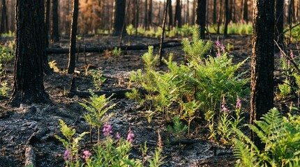 Fototapeta premium Green ferns and pine saplings growing on dark charred ground in a burnt forest. Evoking natures powerful cycle of renewal and resilience.