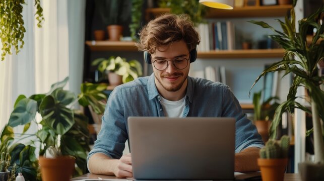 A smiling young man wears headphones and works on his laptop at a home office desk, surrounded by various green houseplants.