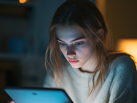 A young woman's face is illuminated by the bright screen of her digital tablet, showing deep concentration.