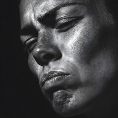 Obraz premium A dramatic, high-contrast black and white close-up portrait capturing a moment of intense emotion and contemplation