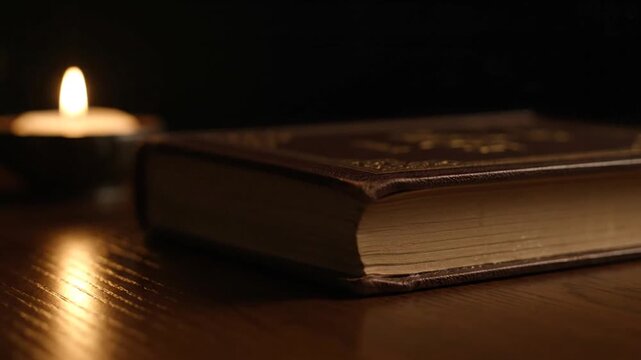 A close-up view of an old book lies open on a wooden table beside a lit candle.