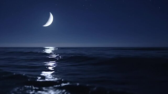 Crescent moon glows over dark, wavy ocean reflecting faint moonlight under stars