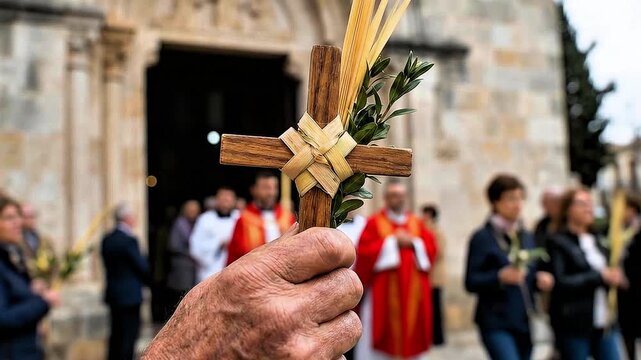 Video, Palm Sunday theme, hands holding a cross, close-up, Christian celebration that falls on the Sunday before Easter.