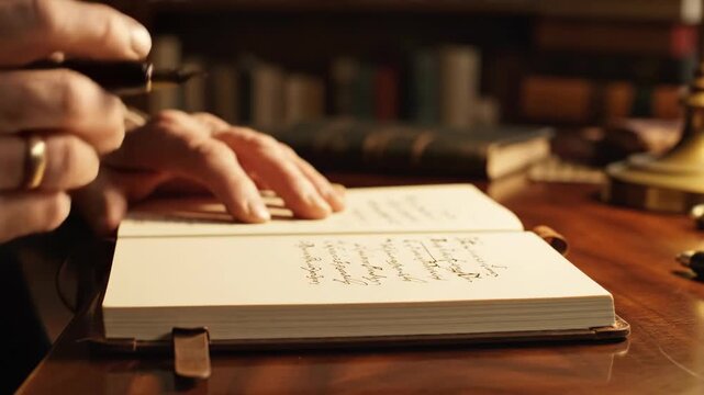 Elderly Hand Writing in a Journal with a Fountain Pen, Reflecting on Memories and Experiences.