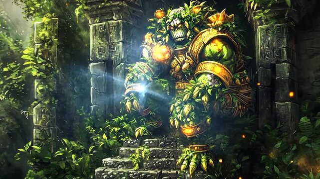 Jungle guardian creature with overgrown armor sits on ancient stone steps