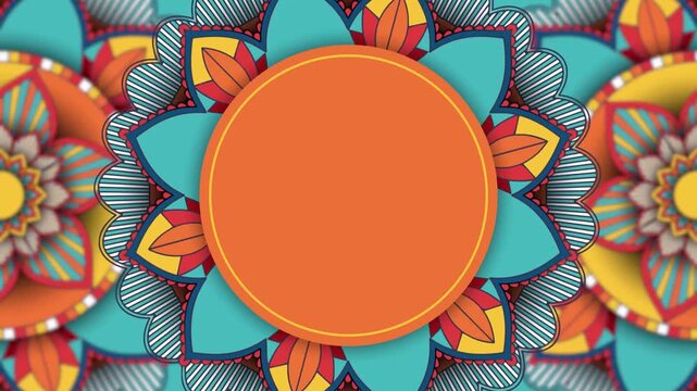 Vibrant Ornamental Mandala Pattern Background with Blank Orange Circle for Custom Text, Perfect for Festive Celebrations, Invitations, and Bohemian Design Concepts