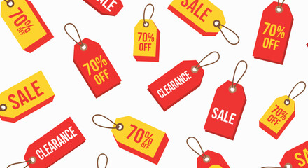 Close-up of a colorful pattern of discount tags with red and yellow hues on a white background.