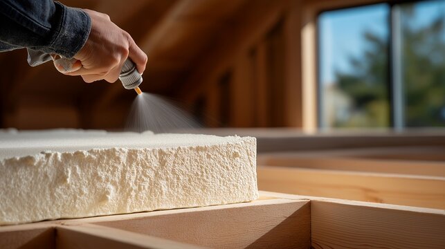 An engaging demonstration of airtight spray foam being sprayed into a wall cavity, marking its ease of application while capturing essential information about its thermal resistance and