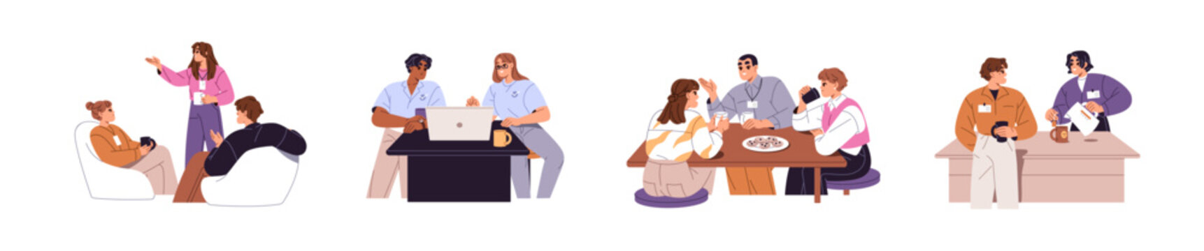 Colleagues have coffee breaks together set. Employees drink tea and talk in the office kitchen. Happy workers communicate while lunch at work. Flat isolated vector illustrations on white background